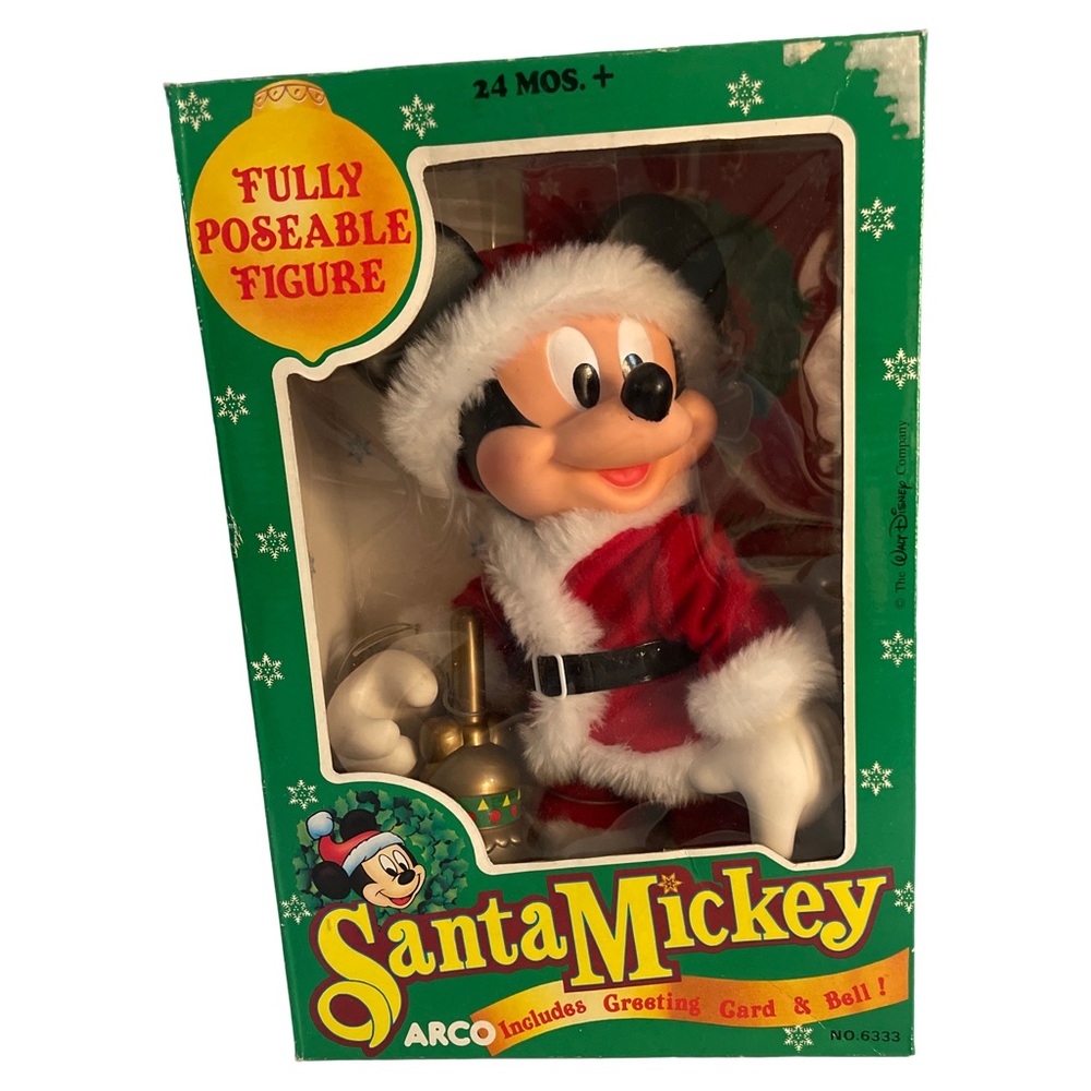 Vintage ARCO Santa Mickey Mouse Fully Poseable Figure with Bell - New in Box